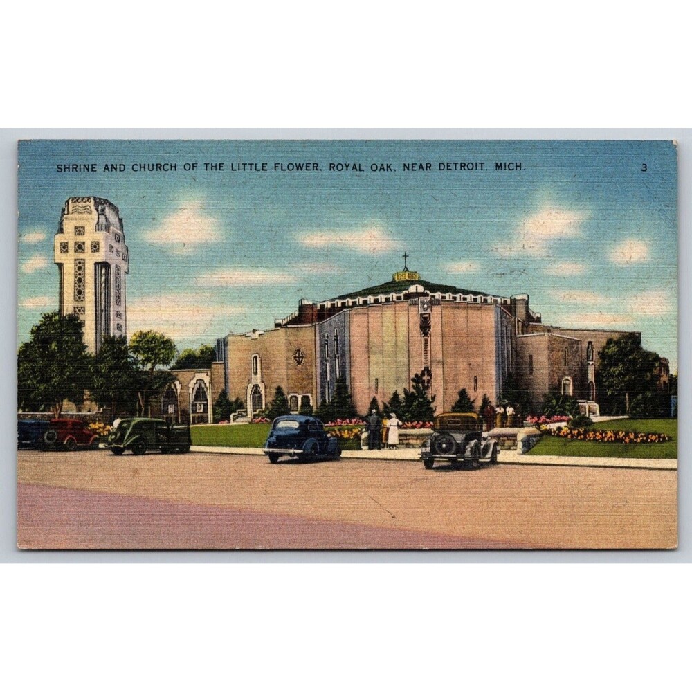 1945 Linen Postcard Shrine of the Little Flower Royal Oak MI WWII Soldier Letter